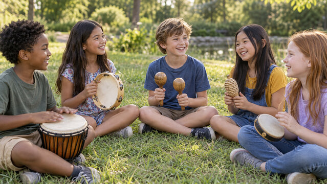 Diverse children making music together in a park