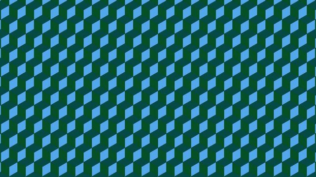 Seamless looping animation of optical illusion cubes in dynamic tessellation pattern, featuring vibrant neon blue and green color shifts against a black background, ideal for digital overlays.