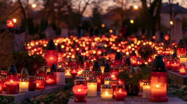 Cemetery glowing with many remembrance candles at dusk