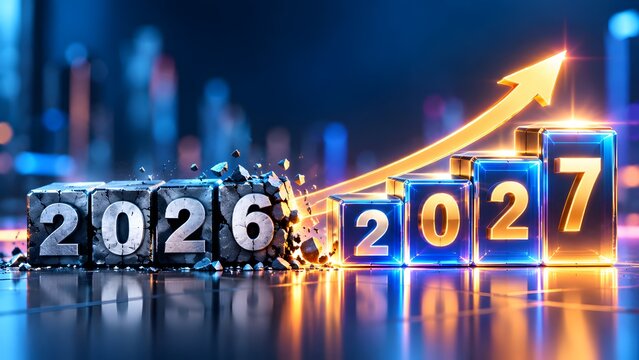 Conceptual 3D rendering illustrating the year 2026 breaking apart for 2027's upward growth, symbolizing future success and progress.