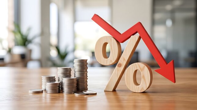 Wooden percent sign with a red downward arrow and stacks of coins on a wooden table, representing falling interest rates, economic decline, or financial savings concept