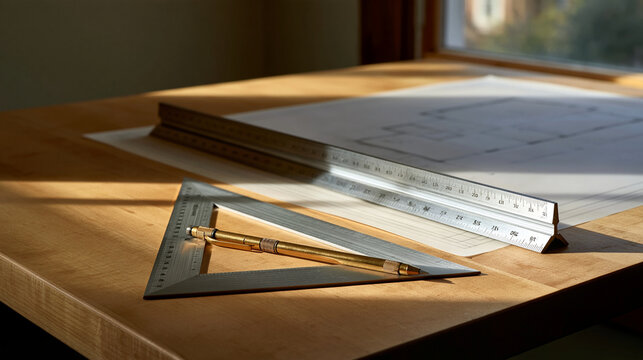 Elegant photo of Architectural blueprints and metal drafting rulers lie on a wooden desk in warm sunlight. Ideal for engineering and home design concept ads.