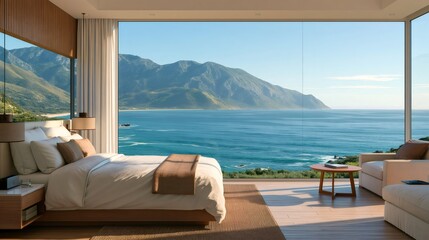 Fototapeta premium Luxury bedroom overlooking panoramic ocean and mountain view