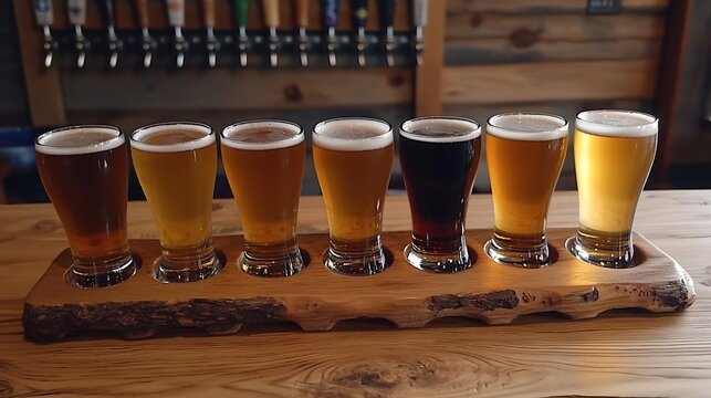 Beer Flight Tasting Paddle with Seven Different Craft Beers