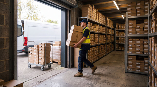 Driver in hi-vis vest carrying shoe boxes through shop back door