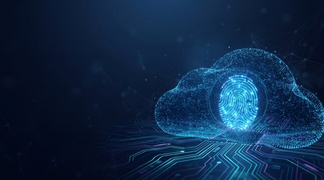A glowing blue fingerprint forms within a digital cloud computing icon against a dark, circuit board-like background.
