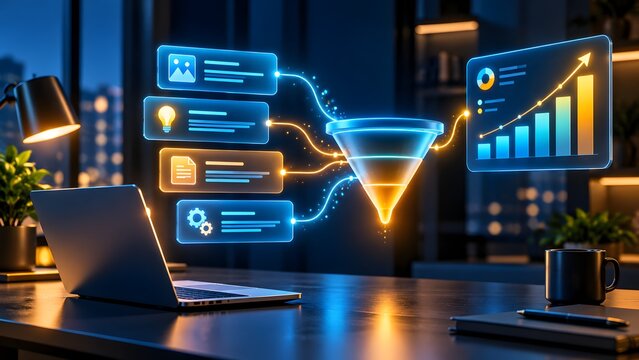 Digital marketing funnel processing data inputs, optimizing workflow for business analytics and strategic growth, visualized on a modern laptop.