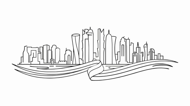 Doha skyline continuous line art illustration with abstract wave ribbon