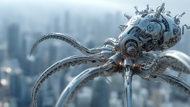 Intricate Mechanical Octopus Creature in Futuristic Cityscape.