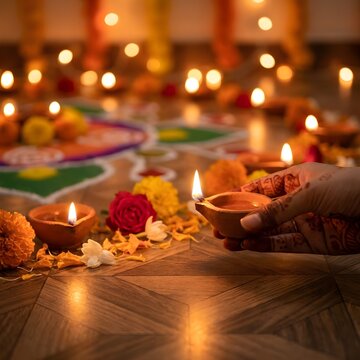 Henna mehndi hand holding diwali diya oil lamp over rangoli with marigold rose and white flowers.