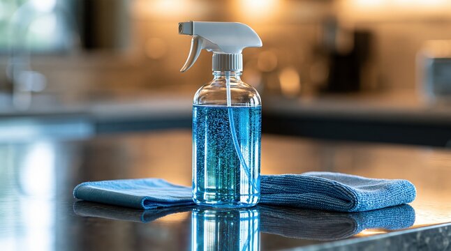 Blue cleaning spray bottle with microfiber cloths on a polished countertop, ready for household chores