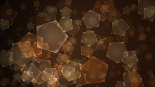 Abstract background, with floating brown, pentagonal bokeh shapes, glowing light particles, and soft blurred, geometric patterns on dark