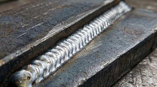 Flawless silver welding joint connects thick steel plates with overlapping beads and scratched textures in a raw engineering macro