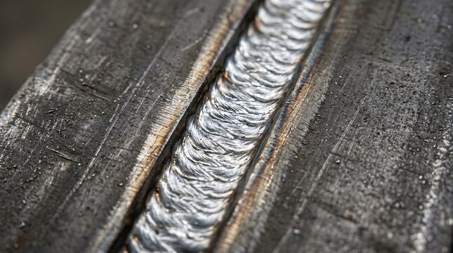 Flawless silver welding joint connects thick steel plates with overlapping beads and scratched textures in a raw engineering macro
