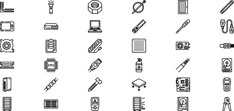 Hardware technology and computer network line icon set depicting electronic maintenance systems