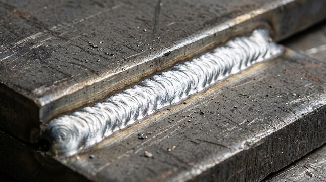 Flawless silver welding joint connects thick steel plates with overlapping beads and scratched textures in a raw engineering macro