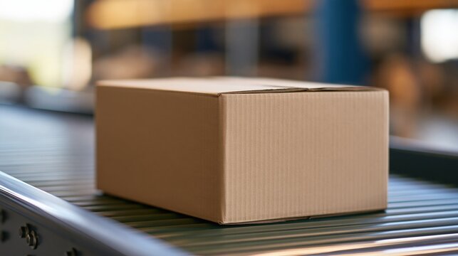 Cardboard box on a conveyor belt in a distribution center, ready for shipping and delivery