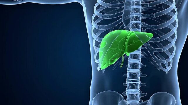 3D medical animation of a human torso highlighting the green liver and gallbladder within the skeletal system