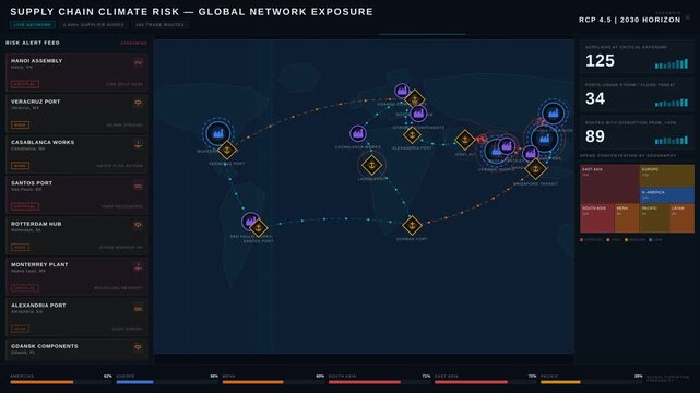 4K Supply Chain Climate Risk Dashboard with global map, vulnerable suppliers, ports, routes, and live risk alerts in dark navy interface for commercial creative technology and business use.