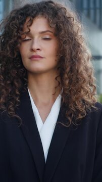 Close up confident Caucasian business woman shaking head no disagree disappointed in city serious displeased businesswoman female girl professional specialist expressing negative wrong answer outdoor