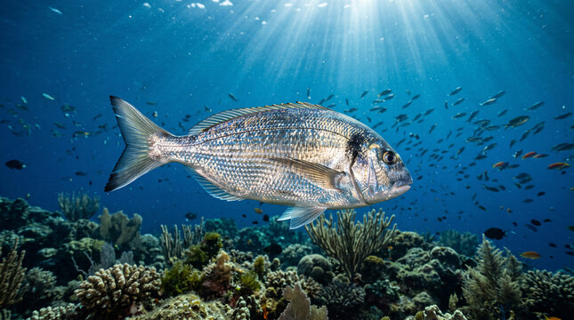 Close-up of shiny wild silver seabream fish swimming over vibrant coral reef in deep crystal clear ocean water with sunbeams.   