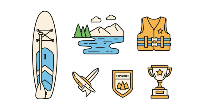 Stand Up Paddleboard, Water Sports Gear, Trophy, Nature Scene Icons Set