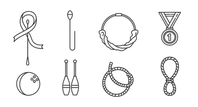 Rhythmic Gymnastics Equipment Icons Set: Ribbon, Ball, Clubs, Hoop, Rope, Medal