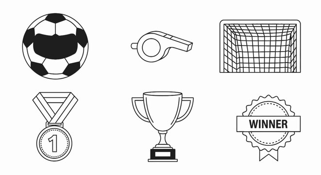 Soccer Game Icons: Ball, Goal, Whistle, Trophy, Medal, Winner Badge - Black and White Line Art