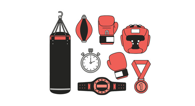 Boxing Equipment Flat Icon Set: Punching Bag, Gloves, Headgear, Stopwatch, Medal, Belt