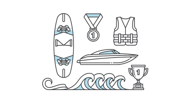 Water sports equipment, trophy, medal, life vest, speedboat, and waves vector icons