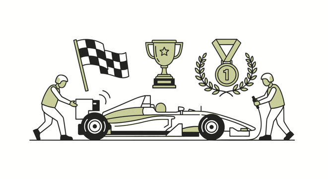 Formula 1 Race Car Victory Celebration with Trophy and Medal