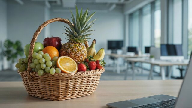 Fresh fruit basket on office desk for healthy workplace nutrition
