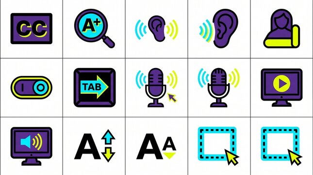 Digital accessibility UI icons and computer screen settings layout. Vector neon buttons of closed caption CC, text magnifier lens, video player, sound control, toggle switch, keyboard tab, and voice m