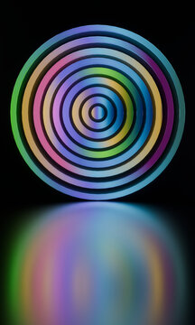 Vertical 3D target of colorful rings over its reflection