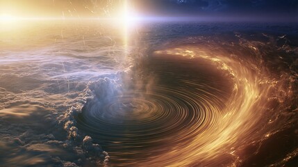 Fototapeta premium Cosmic Phenomenon: Swirling Nebula With Golden Light and Stormy Clouds