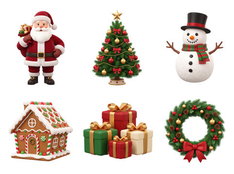 3D rendered christmas icons including santa claus, decorated tree, snowman, gingerbread house, gifts, and wreath isolated on a transparent background