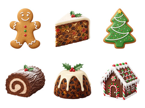 Set of christmas holiday treats including gingerbread man, fruitcake, tree cookie, yule log, pudding, and house isolated on a transparent background