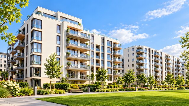 Modern apartment complex with green lawns and glass balconies. Concept of sustainable urban development and real estate investment.