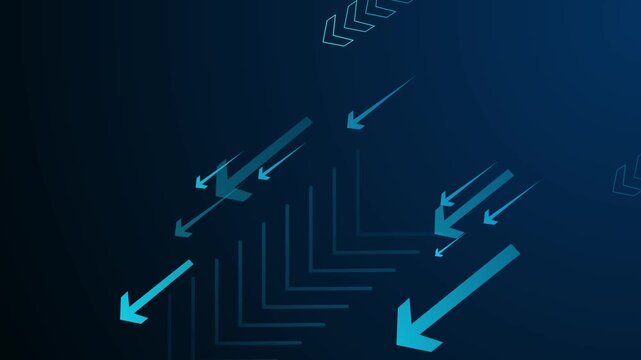 Abstract dark background with glowing arrows and lines pointing down and left animation