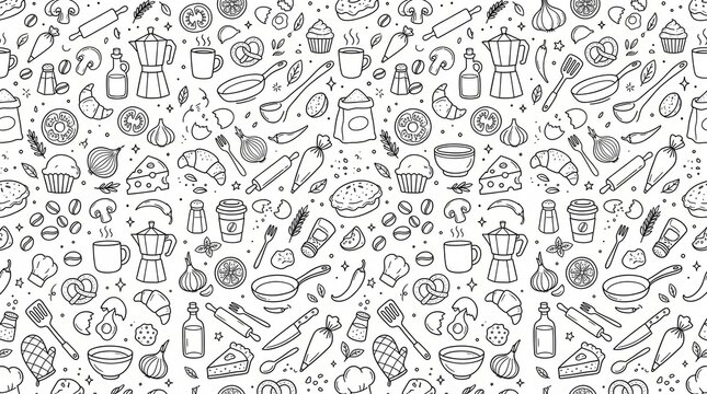 Seamless repeating pattern of kitchen doodles, cooking utensils, baking items, and food ingredients in black and white line art   