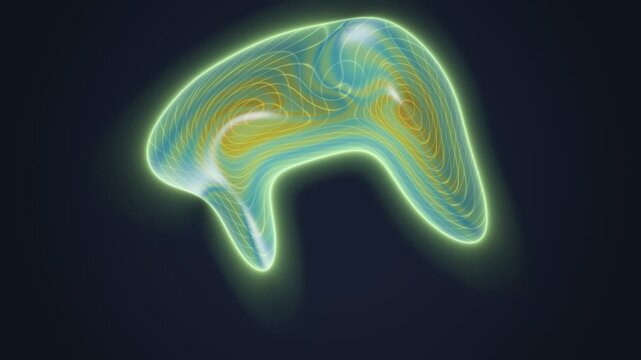 Abstract anisotropic liquid metaballs morphing with glowing topographic lines loop. 3D iridescent fluid blobs with neon contour lines color changing background