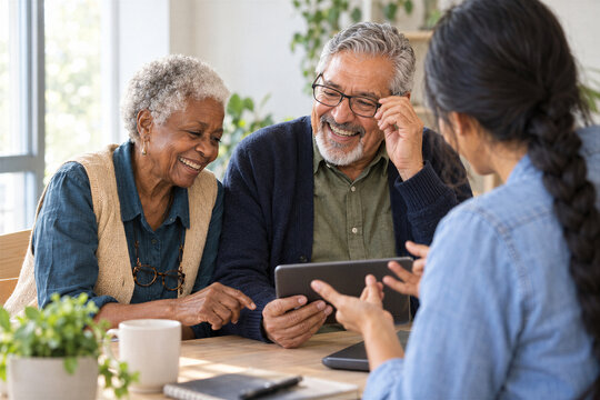 Older adults laugh together during a tablet lesson in a bright
