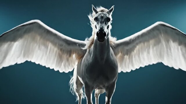 White winged horse flying forward against a dark blue background