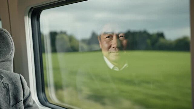 A pensive elderly Asian man in a suit gazes out of a high-speed train window, his reflection ghostly against the fast-moving green landscape of the countryside.
