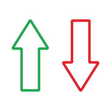 Green upward and red downward pointing outline arrow icons isolated on white background vector illustration. Abstract flat graphic design for financial market stock exchange profit and loss trends.