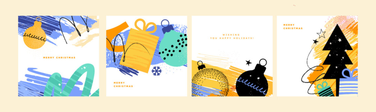 Merry Christmas and Happy New Year. Vector illustrations for holiday greeting card, poster, cover, website and social media banner, marketing material.