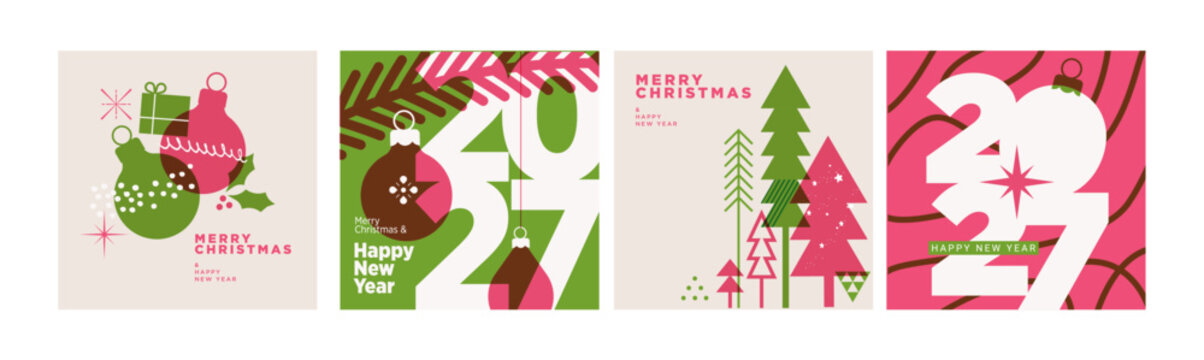 Merry Christmas and Happy New Year 2027. Vector illustrations for holiday greeting card, poster, cover, website and social media banner, marketing material.