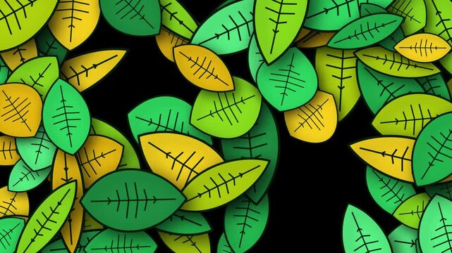 Green and yellow leaves pattern with subtle movement against a dark background