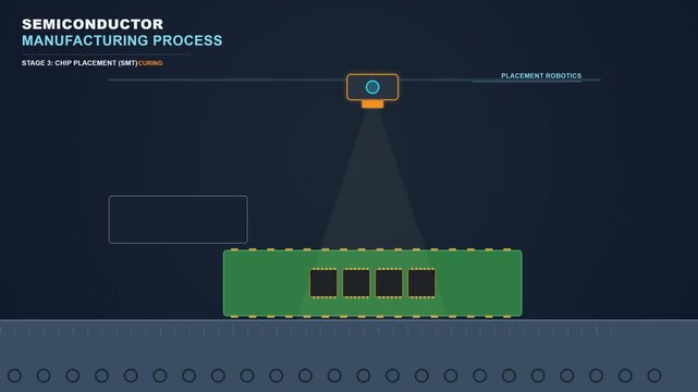 Flat 2D animation of an automated semiconductor manufacturing process showing robotic arm chip placement curing and scanning on a circuit board in a seamless loop