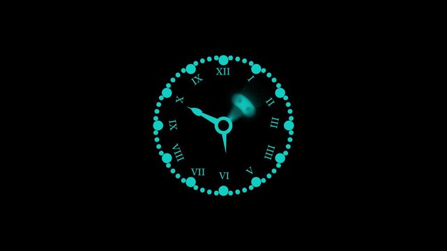 Clock face with roman numerals and blurred hands showing time concept and dark minimalist style animation